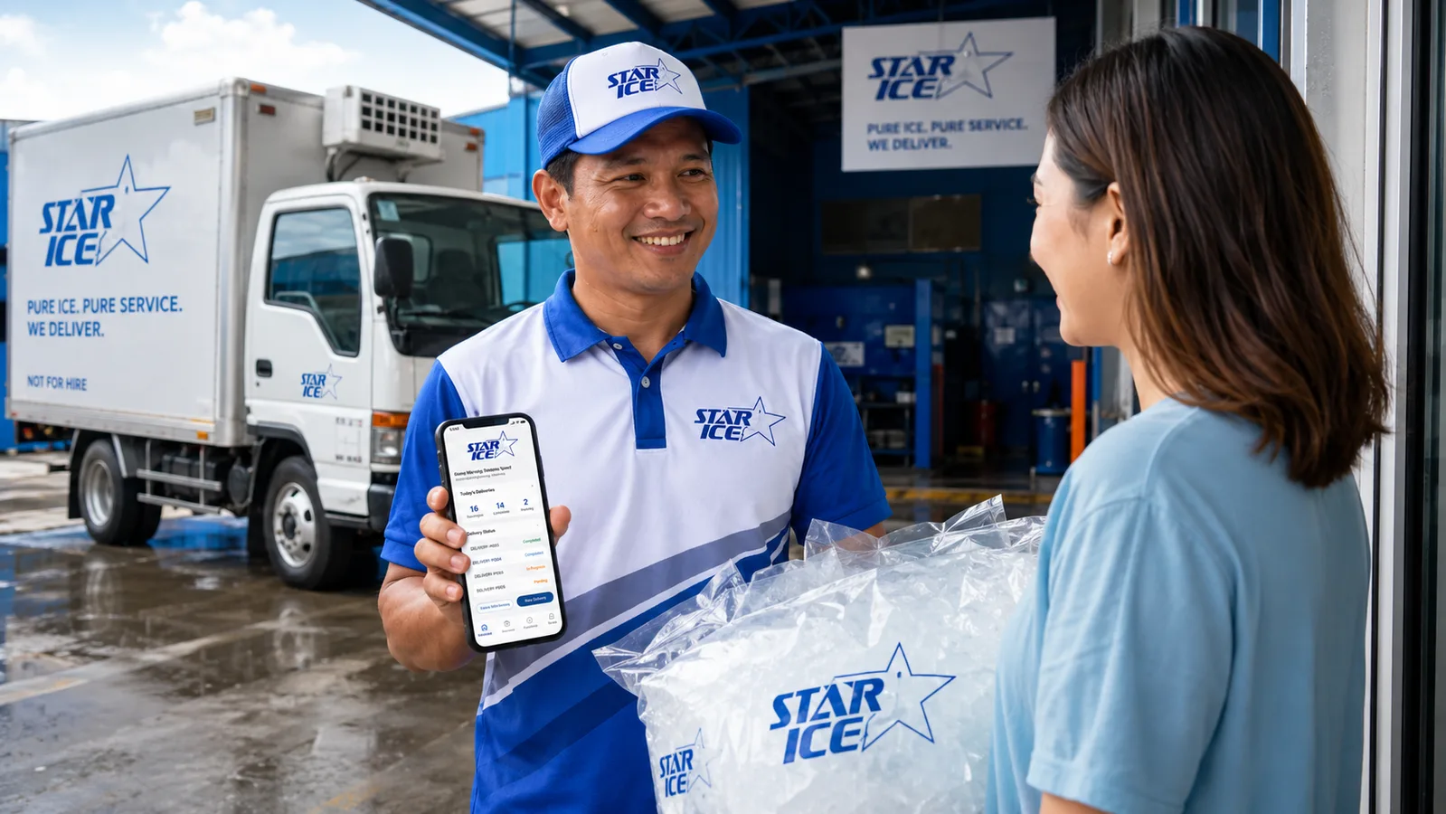 A friendly Star-Ice delivery team member handing an order to a customer at the ice depot