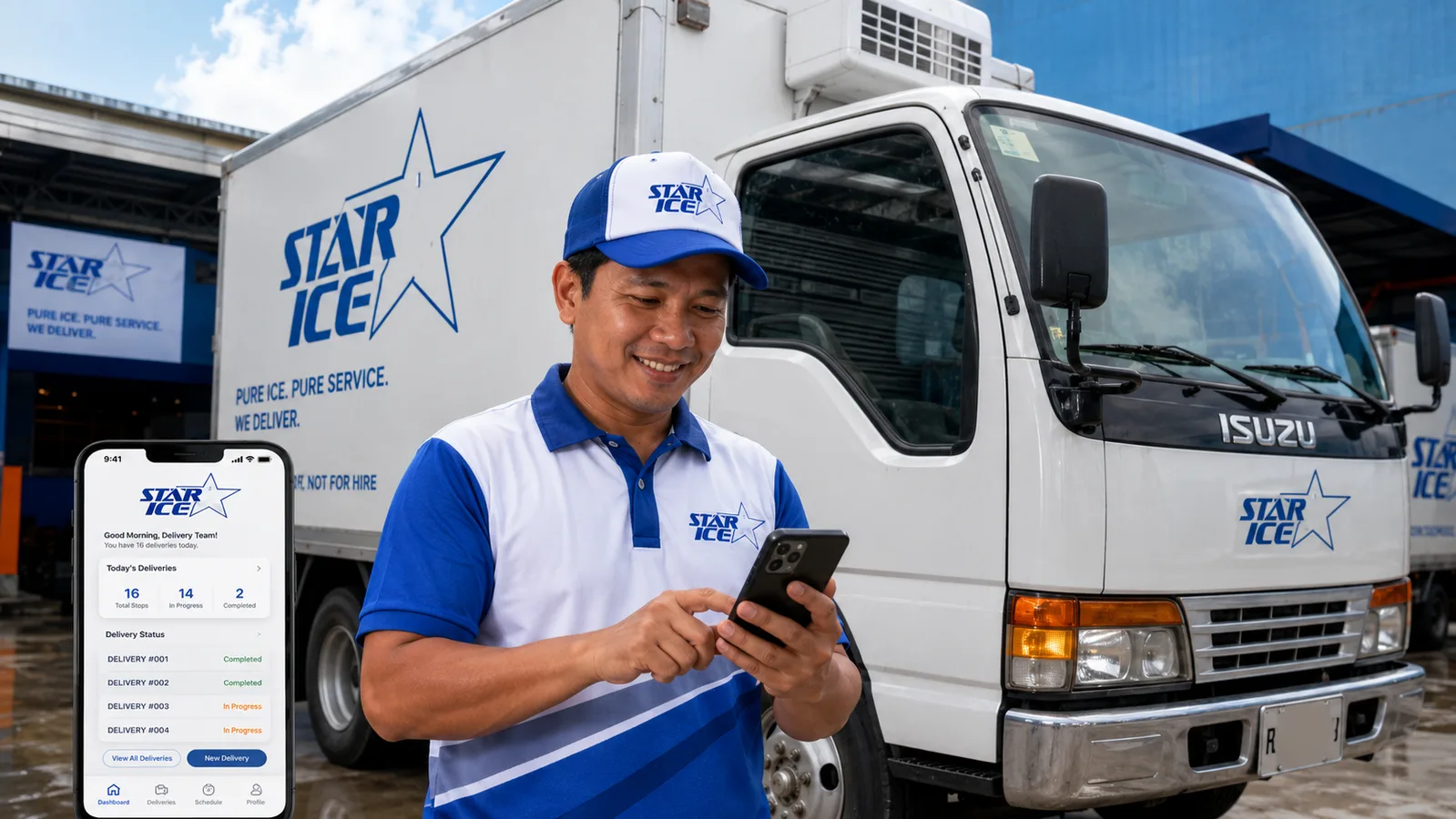 Star-Ice driver checking assigned deliveries on a phone beside a branded truck